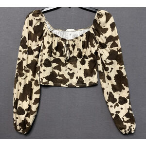 Altar’d States Crop Top Womens Small Brown Ivory Cow Print Long Sleeve Boho Y2K